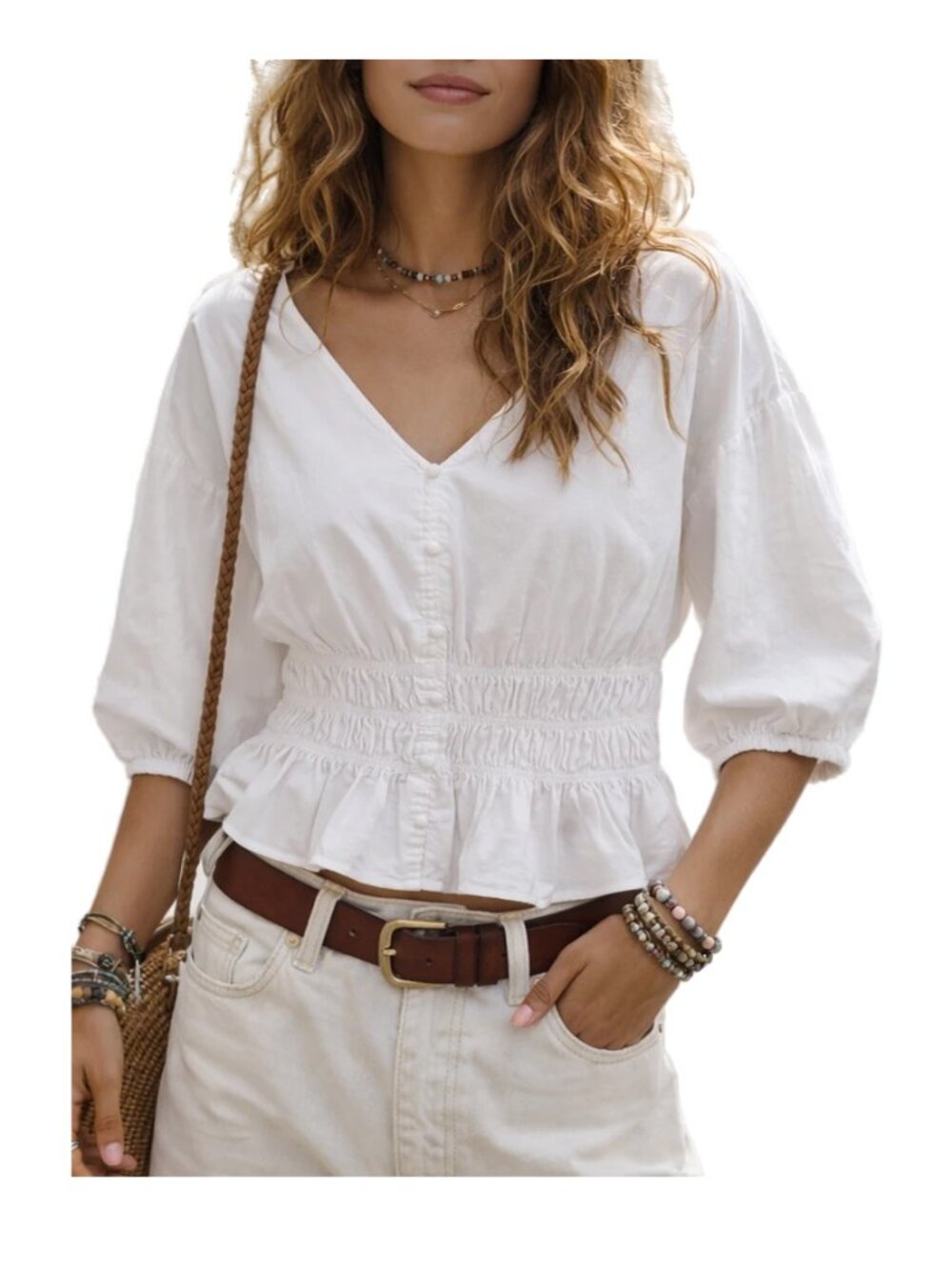 Reitmans Poplin V-neck Smock Waist Blouse